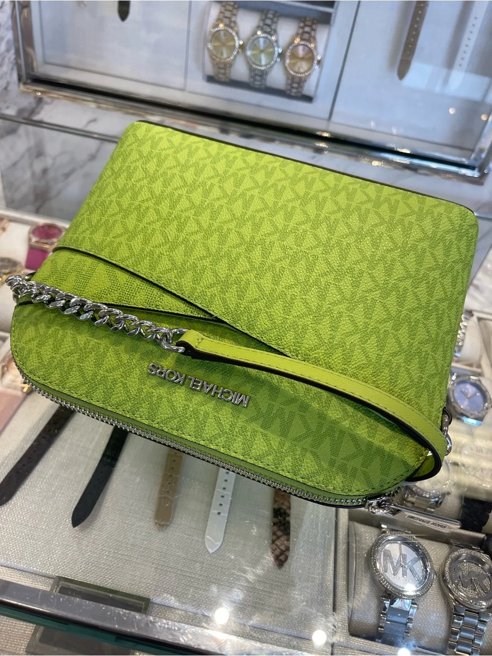 Michael Kors Jet Set Travel Medium Logo Dome Crossbody XBODY Bag Lime NWT